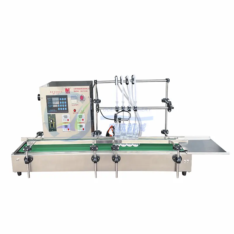 4 heads automatic juice liquid bottle filling sealing machine with conveyor