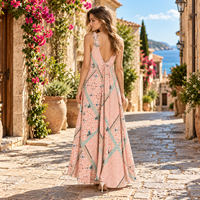 Gaun Maxi Panjang Wanita Motif Bunga Pink Custom OEM, Kerah V Dalam, Ikat Bahu, Tanpa Lengan, Model Bohemian, Untuk Liburan Musim Panas di Pantai