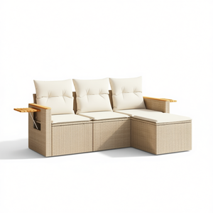 Conjunto de Sofá de Jardín de Ratán Beige con Cojines Blanco Crema, Muebles de Exterior de 3 Plazas, Diseño Contemporáneo, Brazos de Madera de Teca - Product Image 1