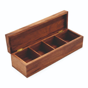 Boîte de rangement à thé classique en bois de qualité supérieure à 4 compartiments avec couvercle à charnières en laiton, design durable et écoresponsable, 25x10x10 CM - Product Image 1
