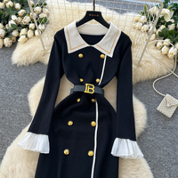 Robe décontractée élégante pour femmes, tricotée, à manches longues, avec ceinture à la taille, col contrasté et poignets à volants, pour un usage quotidien
