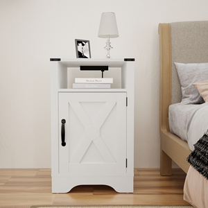 Farmhouse Nightstand Side <b>Table</b> White Wooden Rustic End <b>Table</b> <b>Tall</b> Bedside With Electrical Outlets Charging Station - Product Image 6