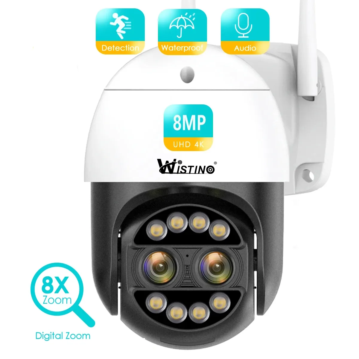 Wistino กล้องวงจรปิด8MP 4K 8X ไฮบริดซูม2.8 + 12มม. เลนส์คู่ PTZ IP กล้องตรวจจับมนุษย์ Wi-Fi 4MP กล้องรักษาความปลอดภัยและเสียง
