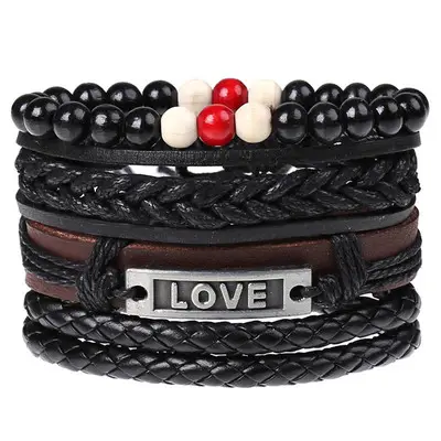 Conjunto de pulsera de cuero negro multicapa para hombre, accesorios Vintage, pulsera de búho con hoja de ancla, 3 a 4 Uds., venta al por mayor, nuevo