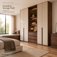 Armoire de chambre personnalisée en panneau CE ENF, grain de noyer beige, niche ouverte avec éclairage LED chaud pour chambre parentale, OEM