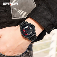 Montre à quartz pour homme Sanda Cool Black-Tech Fashion, bracelet en acrylique ajouré créatif, aiguille porte-bonheur, 44 mm