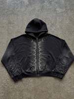 Hoodie Y2K Berhias Rhinestone Resleting Penuh Vintage Washed Streetwear Pria Oversized Bahan Katun Tebal Bordir Logo Kustom