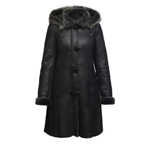 Manteau d'hiver long en cuir véritable avec capuche, doublure en fourrure, double boutonnage, coupe-vent, style décontracté - Product Image 4