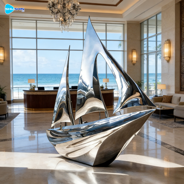 Large Size Polished Modern Art Fashion Outdoor Decoration Ship Statue Stainless Steel Abstract Sailboat Sculpture