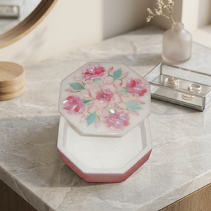 Boîte à bijoux en marbre de qualité supérieure Stonecrafts International, incrustation de nacre, motif floral, style moderne, nacre blanche - Product Image 3