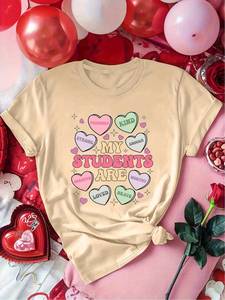 T-shirt per l'Insegnante di San Valentino, girocollo, manica corta, design a cuore multiattributo, tessuto morbido, vestibilità comoda, stile casual - Product Image 3