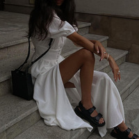 Damenkleid mit Tiefem V-Ausschnitt und Puffärmeln, Langes Kleid mit Hohem Schlitz, Einfarbiges Partykleid für Abendveranstaltungen, Elegantes Sommerkleid, Großhandel, Maßanfertigung OEM