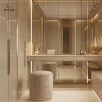 Dressing moderne de luxe avec îlot central et coiffeuse, vitrines en verre pour maisons haut de gamme à Sydney, Australie