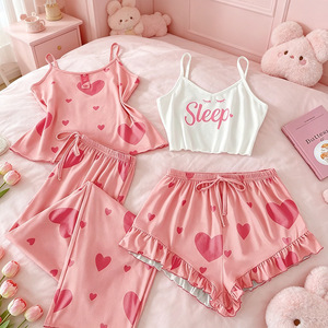 Conjunto de 4 piezas para mujer: Camisola, pantalones cortos, pijama, ropa de dormir con estampado de letras, top de dos tirantes, pantalones, atuendo de verano sin mangas, ropa de dormir. - Product Image 2