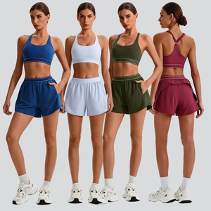 ชุดโยคะ 2 ชิ้น เนื้อผ้านุ่มลื่น ระบายอากาศ แห้งเร็ว ดีไซน์เสื้อชั้นในแบบ Racerback กางเกงขาสั้นเอวสูงมีกระเป๋า เหมาะสำหรับโยคะ วิ่ง และออกกำลังกาย - Product Image 1