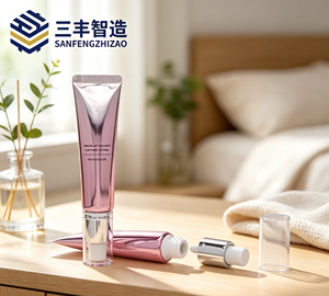 Metallic <b>Pink</b> Cosmetic Tube with Pump Cap for Skincare Lotion - Product Image 1