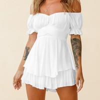 Mono de chifón con hombros descubiertos, manga farol, color liso, informal, para verano 2026 - ¡Gran oferta!