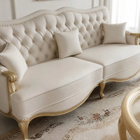 Ensemble de meubles de salon 5 pièces, canapé capitonné crème, pieds dorés, tissu, avec table basse pour la maison