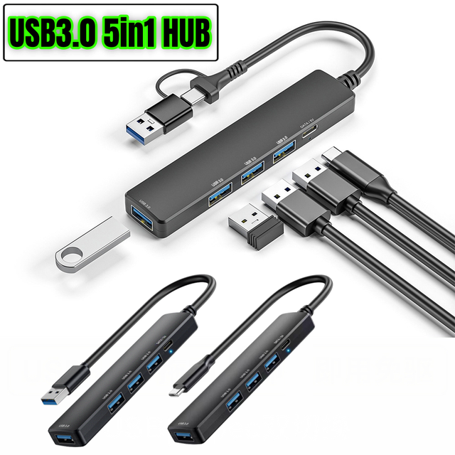 USB 3.0 Hub with USB C Data Port, 2 in 1 USB Hub 5 Ports, Portable USB Splitter for Laptop, USB C Extender for MacBook Pro, iMac