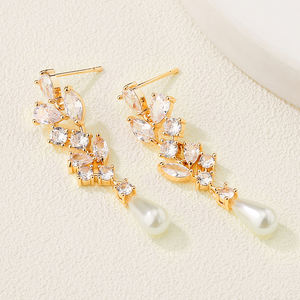 RAKOL EP1135 <b>fashion</b> Luxury Rhinestone Gold Plated Zircon Flower Pearl Strip Women Long <b>Drop</b> <b>Earrings</b> - Product Image 2