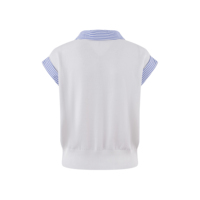 Top de punto personalizado para mujer con manga casquillo, cuello polo a rayas y botones decorativos, con Lurex, bajo MOQ