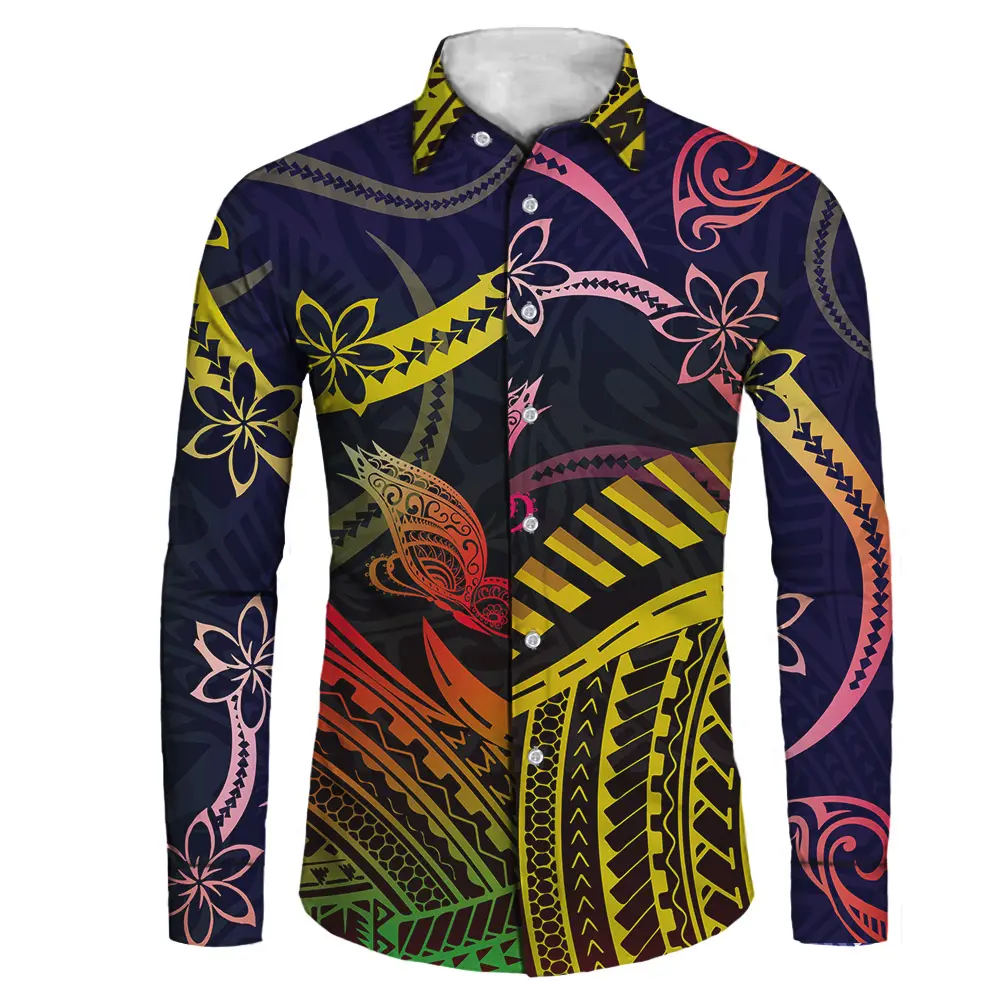 Chemise à manches longues pour hommes, sur mesure, décontractée, style polynéen, Tribal Rasta, couleur avec nœud papillon, 2021