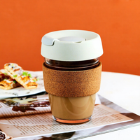 Tasse à café en verre avec bouchon en liège Bambus Modern 12oz, couvercle en silicone isolant résistant à la chaleur, capacité 350ml, pour fêtes, cadeaux, logo laser