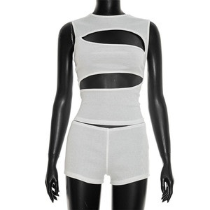 Ensemble 2 pièces <span class=keywords><strong>sexy</strong></span> pour femme, patchwork ajouré, couleur unie, <span class=keywords><strong>crop</strong></span> top sans manches et short - Product Image 5