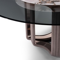 Table de salle à manger ronde de luxe nordique moderne avec plateau en pierre frittée et chaises, plateau tournant en verre fumé et marbre, ensemble de restaurant pour villa