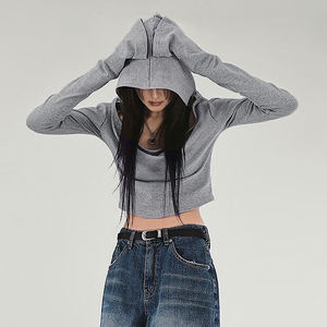 Wasteland Style Grey <b>Off</b> <b>Shoulder</b> Hooded <b>Long</b> <b>Sleeve</b> Crop <b>Top</b> Women Slim Fit Casual Streetwear - Product Image 4