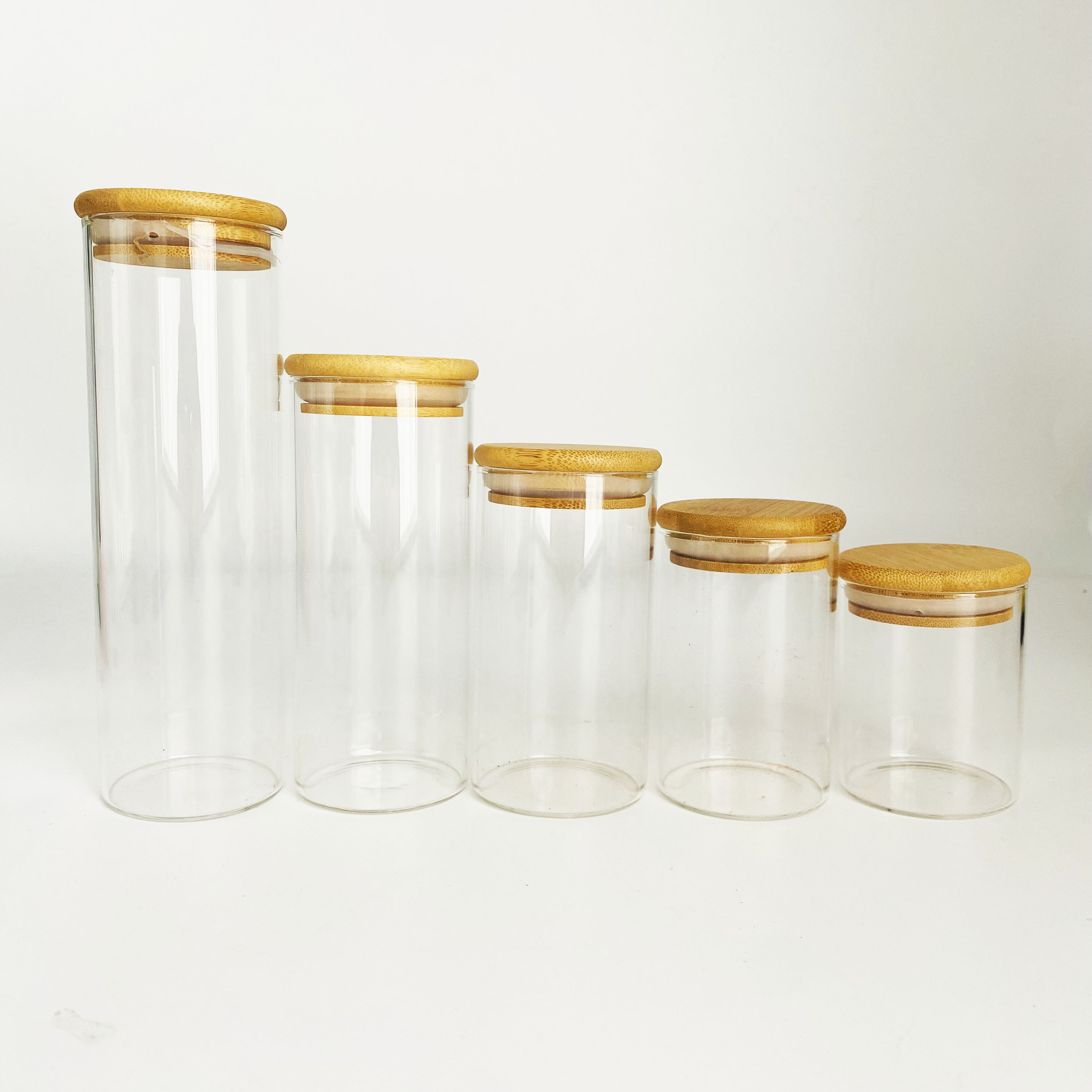Cylinder Sealed Air Tight Kitchen Glass Spice Jar Container With Bamboo Lid Round Glass Storage Tank