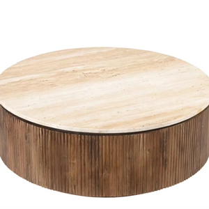 Center <b>Table</b> Wooden Round Cnc Center <b>Table</b> With Travatin Marble Top Light Brown <b>Walnut</b> / Travatine Marble Mango Wood - Product Image 1