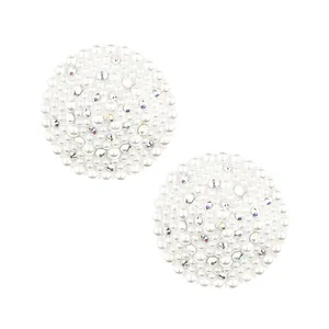 Female luxury fashion style round shape white color reusable chest stickers with pearls and crystal