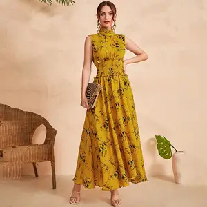 Aschulman Gaun Maksi Bangkok Wanita, Gaun Maksi Panjang Motif Floral Kasual Tanpa Lengan Elegan Pas Badan