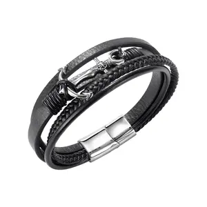 Multi Layer Wrap Black Genuine Leather Bracelet Jewelry For Men Wholesale Vintage Mens Accessories Anchor Man Bracelet Gift