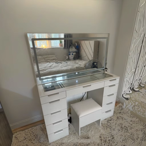 Factory Direct Transparent Glass Top Makeup Dressing Table with 11 Drawers Charging Station and <b>Storage</b> <b>Stool</b> - Product Image 1