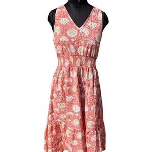 Pink floral sleeveless cotton maxi dress with v neck smocked waist relaxed fit casual summer everyday wear feminine style - Product Image 1