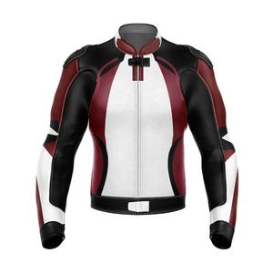 Unisex Black Red White Motorcycle Leather Jacket Front Zip Closure <b>Stand</b> Collar Colorblock Design Side Zip Pockets Windproof - Product Image 1
