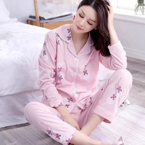 Pijamas Femininos com Decote em V, Algodão Dupla Face, Manga Longa, com Bolsos, Cintura Elástica, Respirável, Roupa de Casa - Product Image 3