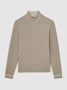 Suéter Masculino Bege de Tricô Trançado com Meio Zíper, Gola com Detalhes Contrastantes, Mistura de Lã, Estilo Casual Elegante - Product Image 5
