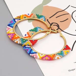 Pendientes de Aro con Cuentas de Arroz de Colores Estilo Bohemio, Piedras Preciosas, Acero Inoxidable PVD, Cuentas de Arroz Trenzadas, Pendientes de Aro <span class=keywords><strong>Grandes</strong></span> - Product Image 4