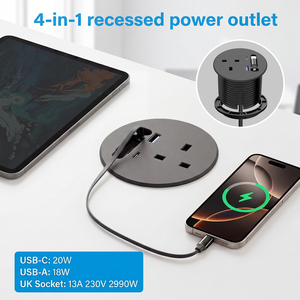 เต้ารับไฟฟ้าแบบฝังในโต๊ะทำงานขนาด 80 มม. พร้อมสาย USB-C แบบยืดหดได้ PD 20W สำหรับใช้ในสำนักงานในสหราชอาณาจักร - Product Image 3