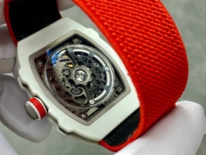 Men's Hollowed-Out Automatic Barrel-shaped <b>Watch</b> - White <b>case</b>, blue nylon strap - Luxury mechanical <b>watch</b>, sport style - Product Image 5
