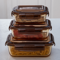 Pot de stockage des aliments en verre ambré à haute teneur en borosilicate Récipients en verre carrés rectangulaires ronds avec couvercles de verrouillage Verre de boîte à lunch