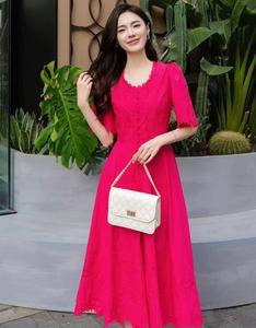 XXL femmes robe 2025 printemps été vêtements luxueux dame broderie boutons <span class=keywords><strong>déco</strong></span> manches courtes mi-mollet Rose jaune robe <span class=keywords><strong>plage</strong></span> - Product Image 3