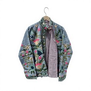 <b>Women's</b> Velvet Embroidered Jacket Mandarin Collar Full Sleeve Floral Design Hand Embroidery <b>Spring</b> <b>Coat</b> - Product Image 1
