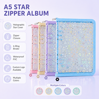 Classeur A5 holographique étoilé en PVC avec fermeture éclair, 6 anneaux, organiseur d'étude, rangement de papeterie, bords renforcés, Kawaii, logo personnalisé, OEM, vente en gros
