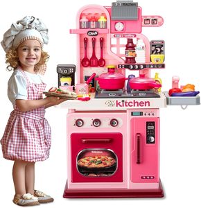 Ensemble de cuisine pour enfants de 69 cm, jouets de simulation en plastique rose pour filles, jeu de rôle préscolaire, 53 pièces, avec son et lumière, accessoires variés - Product Image 1
