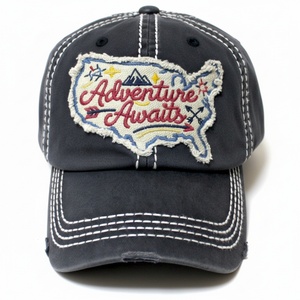 OEM Whole Sale Custom 6 Panel Unstructured Embroidery Applique Logo Washed Cotton Baseball Cap <b>Vintage</b> Worn Out Brim Dad <b>Hat</b> - Product Image 1