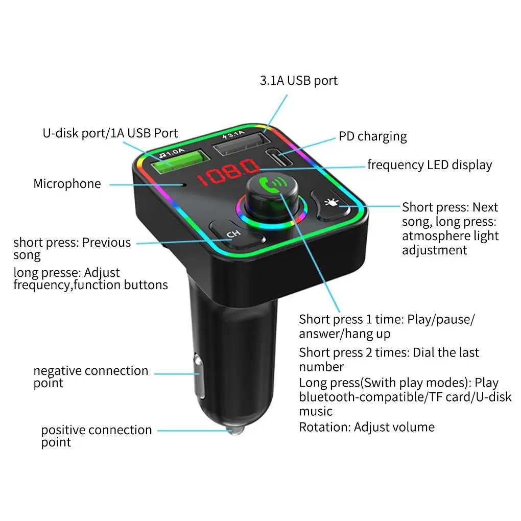 إشارة إضاءة خلفية ملونة بإضاءة LED للسيارة مشغل أقراص MP3 BT في السيارة بدون استخدام اليدين طقم محول USB QC 3.0+PD شاحن سريع من النوع C